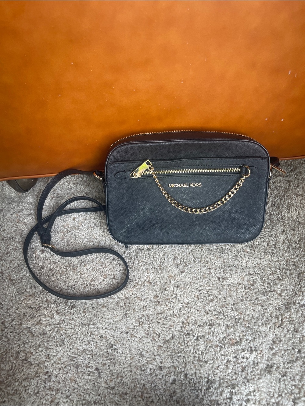Michael Kors Black Crossbody Camera Bag with Gold Chain Detail